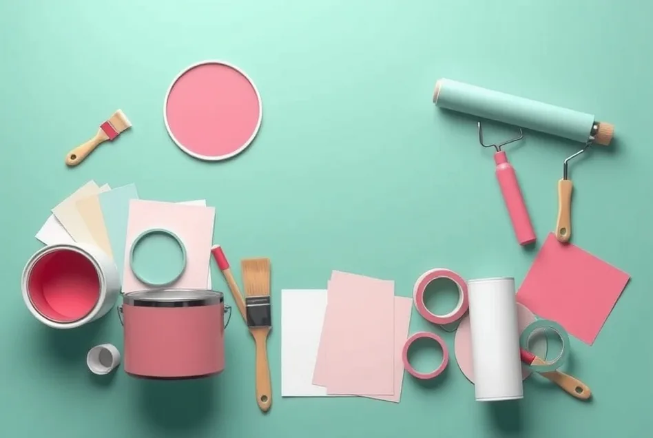 Pots de peinture, nuancier, brosses et rouleaux disposés à plat