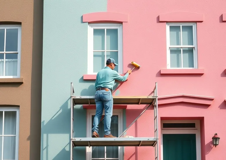 Peintre sur échafaudage traitant la façade d'une maison