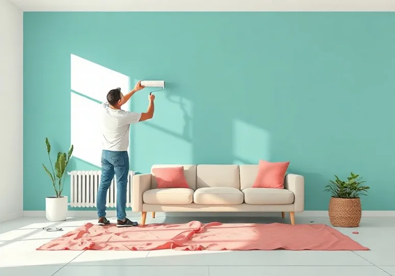 Peintre appliquant la peinture au rouleau sur un mur de salon